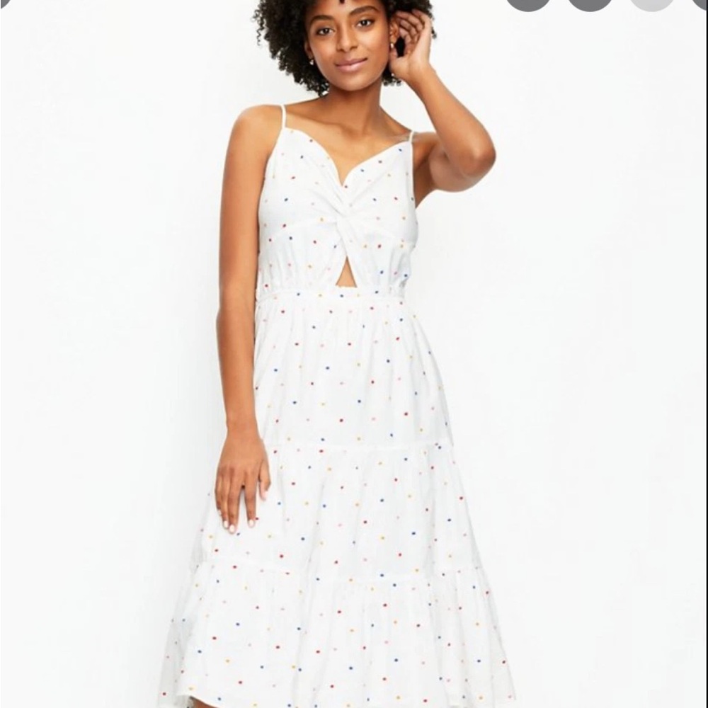 LOFT Dotted Twist Tiered Dress Size 14 Flowy Feminine Midi Polka Dot Summer Chic